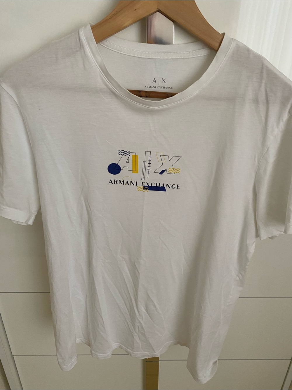 Armani Exchange White Tee with Blue and Yellow Logo